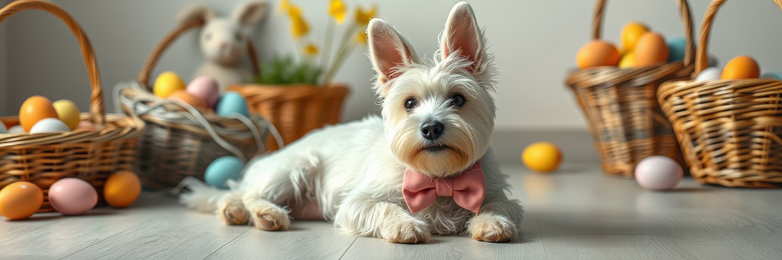 Cute dog with bunny ears and pink bow tie surrounded by Easter eggs in a festive indoor setting